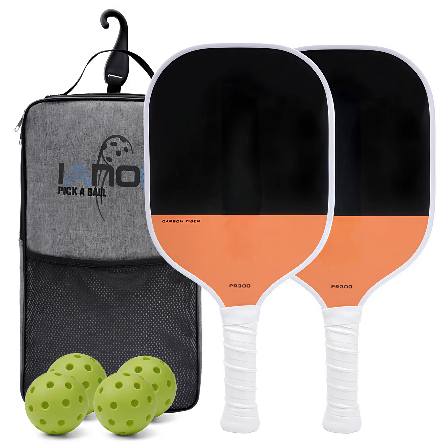 Two pickleball paddles with orange and black design, a gray case, and three green pickleballs on a white background.