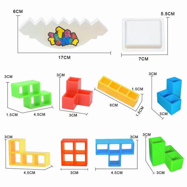 Image of a colorful 48-piece stacking toy for kids named 'Hot High Swing Russian Balancing Blocks'. The toy features vibrant hollow blocks in green, blue, red, and yellow, stacked on a white balancing base. A hand is shown placing a blue block onto the stack. Fun and educational, this table toy is available on Giggly Groves.