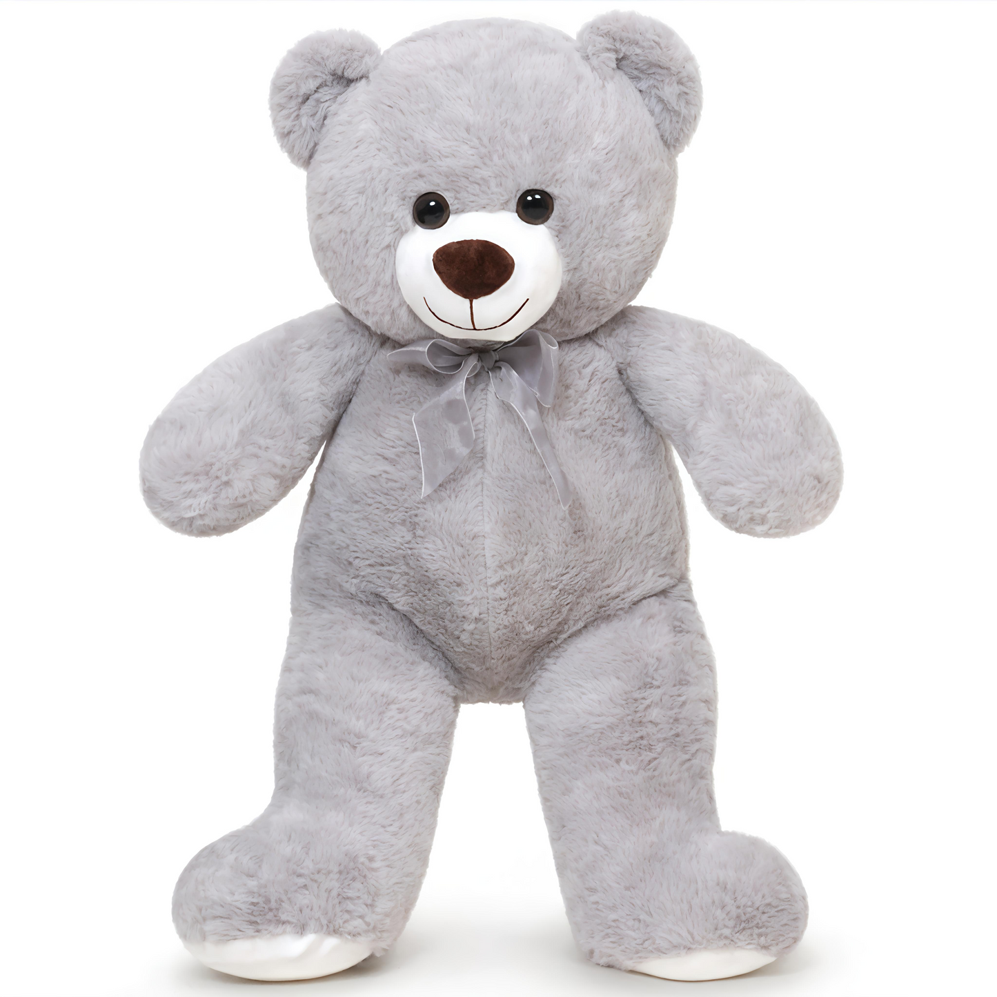 Gray teddy bear with a white bow on a white background
