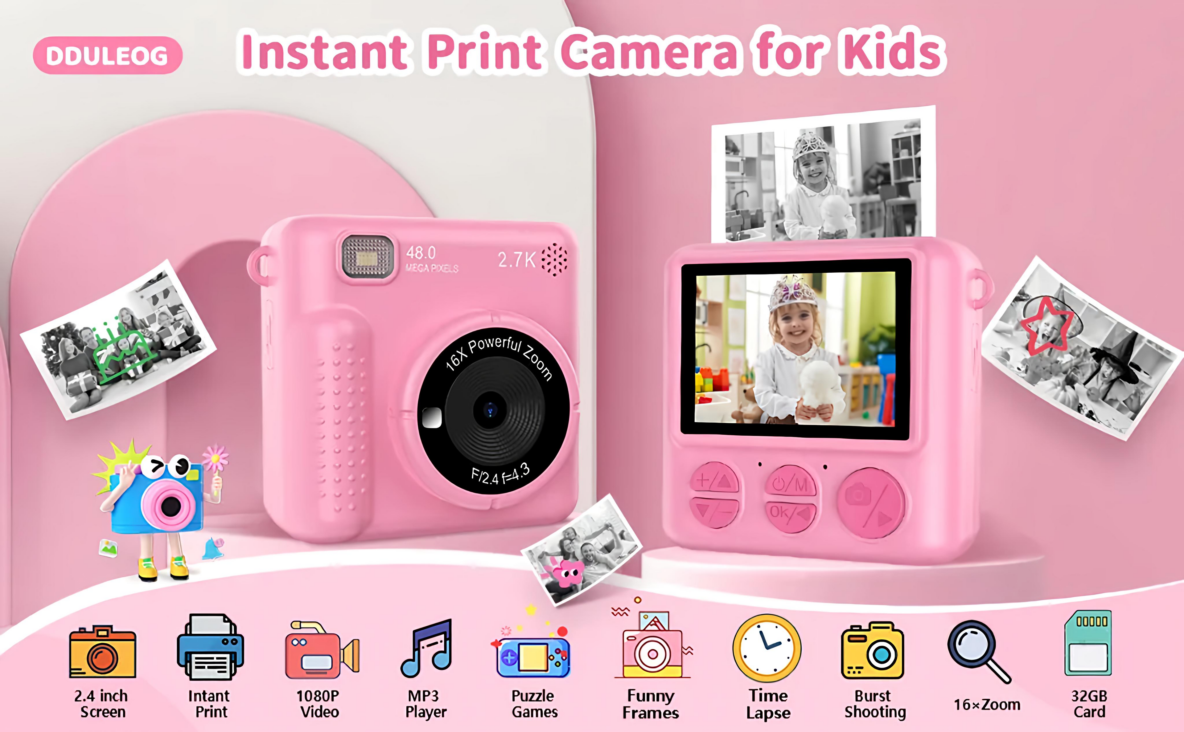 Pink instant print camera for kids with screen and photos on a pink background