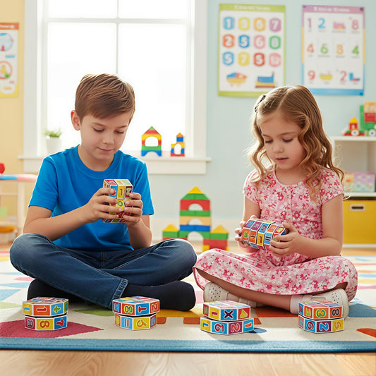 Two children sitting on a colorful classroom carpet, playing with rotating math puzzle toys featuring numbers and symbols. Educational posters and shelves with toys are visible in the background. Toy available at Giggly Groves.