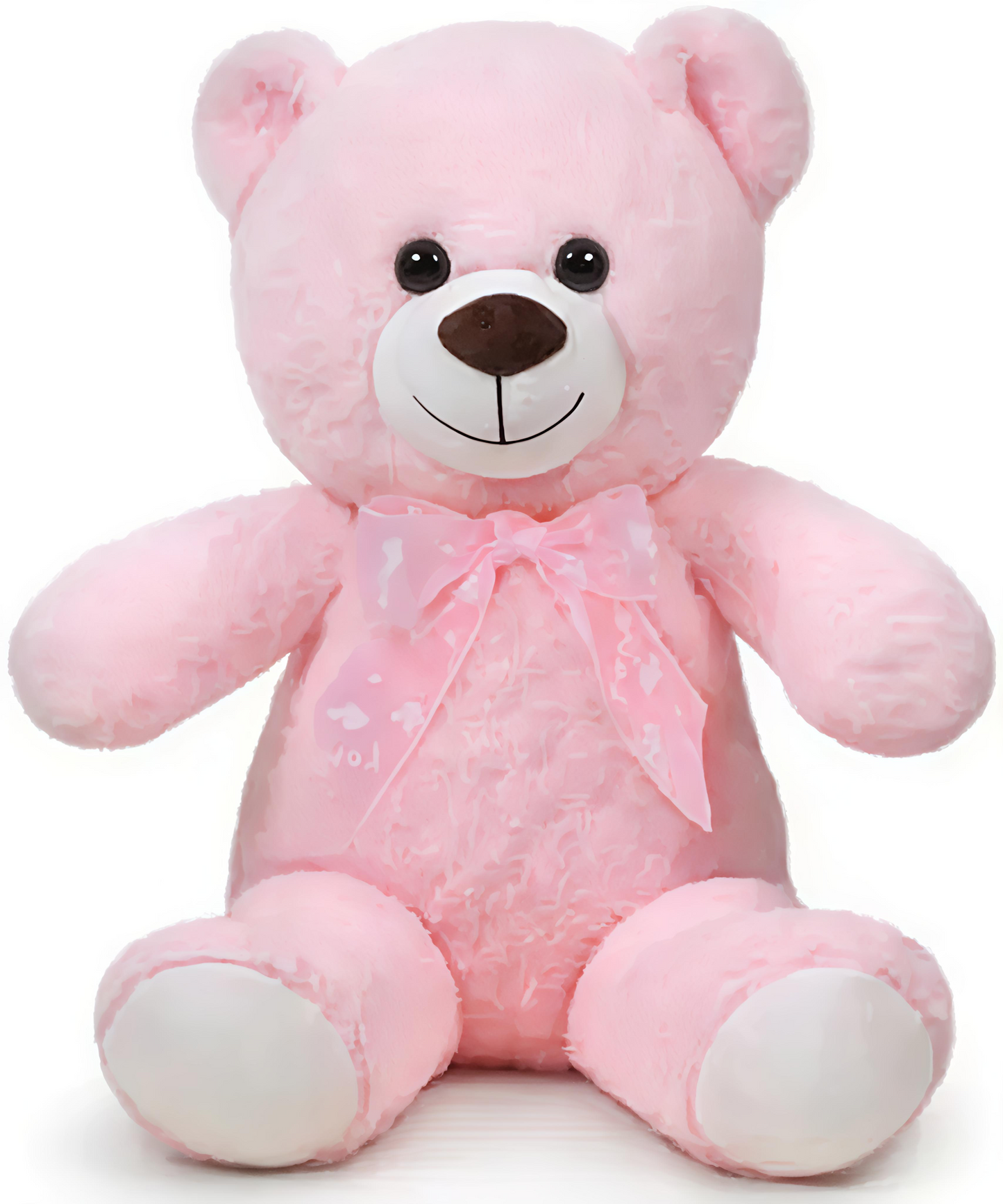 Pink teddy bear with a bow on a white background