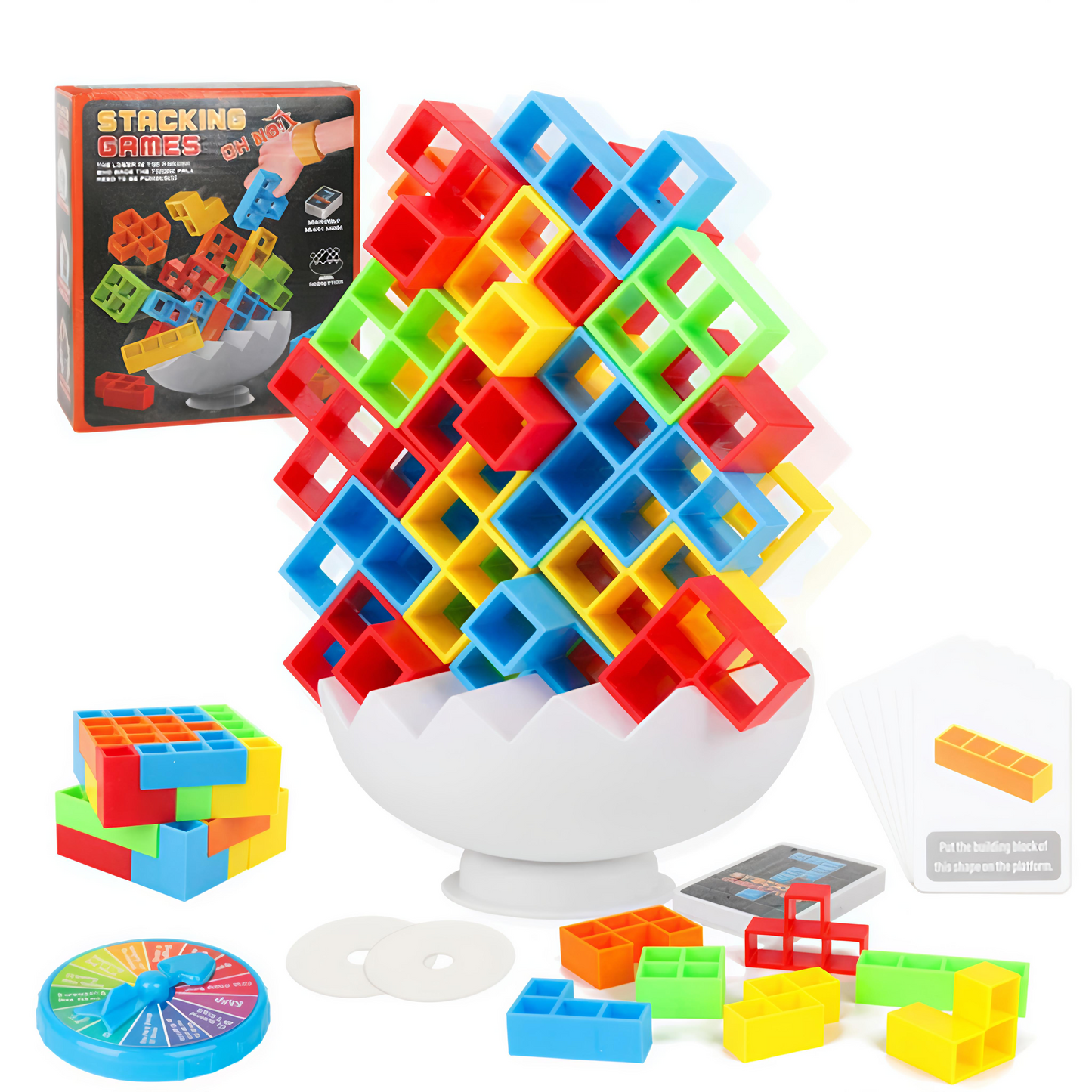 Image of a colorful 78-piece stacking toy for kids named 'Hot High Swing Russian Balancing Blocks'. The toy features vibrant hollow blocks in green, blue, red, and yellow, stacked on a white balancing base. A hand is shown placing a blue block onto the stack. Fun and educational, this table toy is available on Giggly Groves.