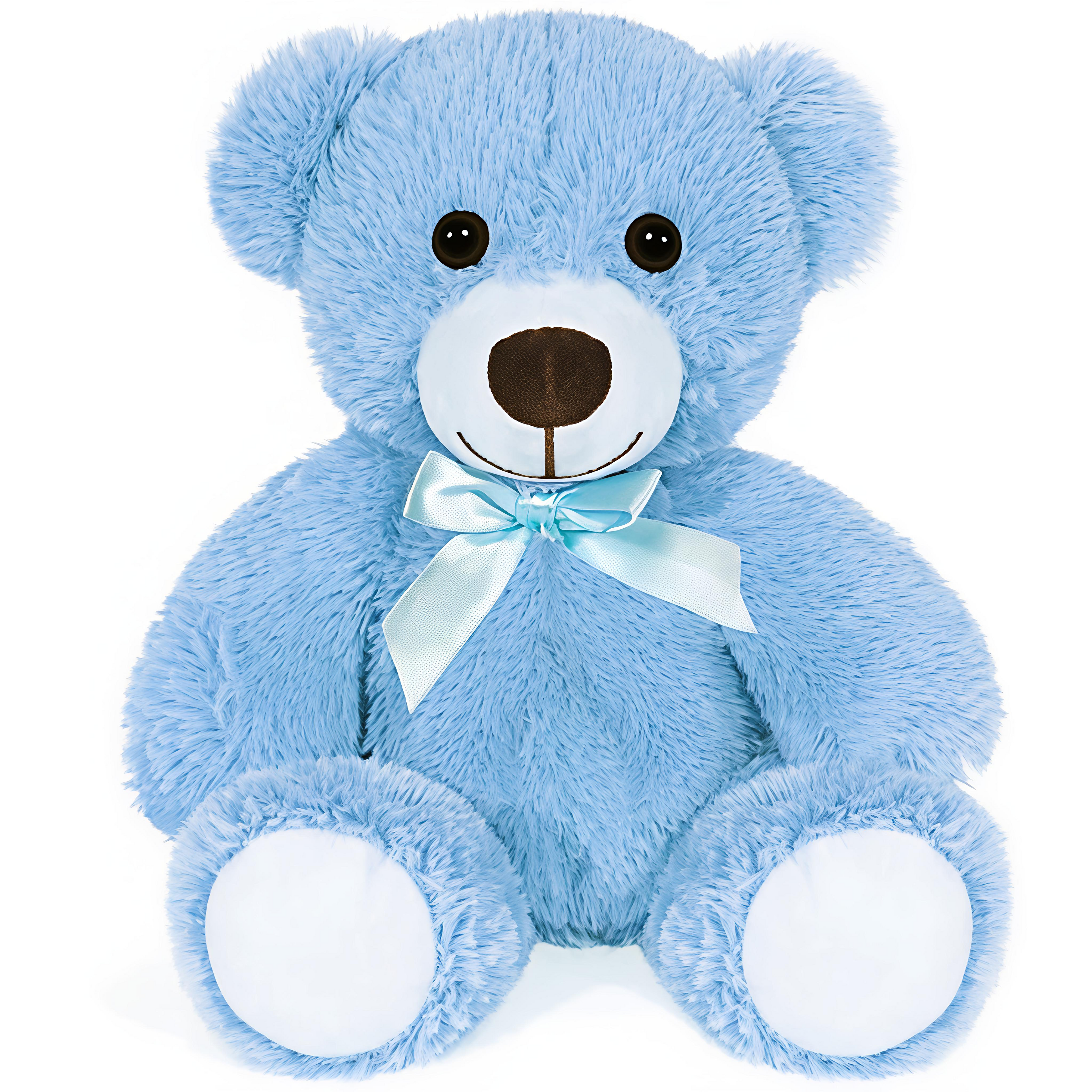 Giggly Groves 14-inch beige super soft teddy bear stuffed animal toy for kids with a shiny blue ribbon.