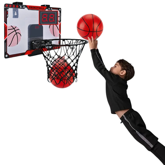 Red light-up scoring basketball hoop set for kids with LED display, pump, and mounting tools – available on Giggly Groves with fast delivery.