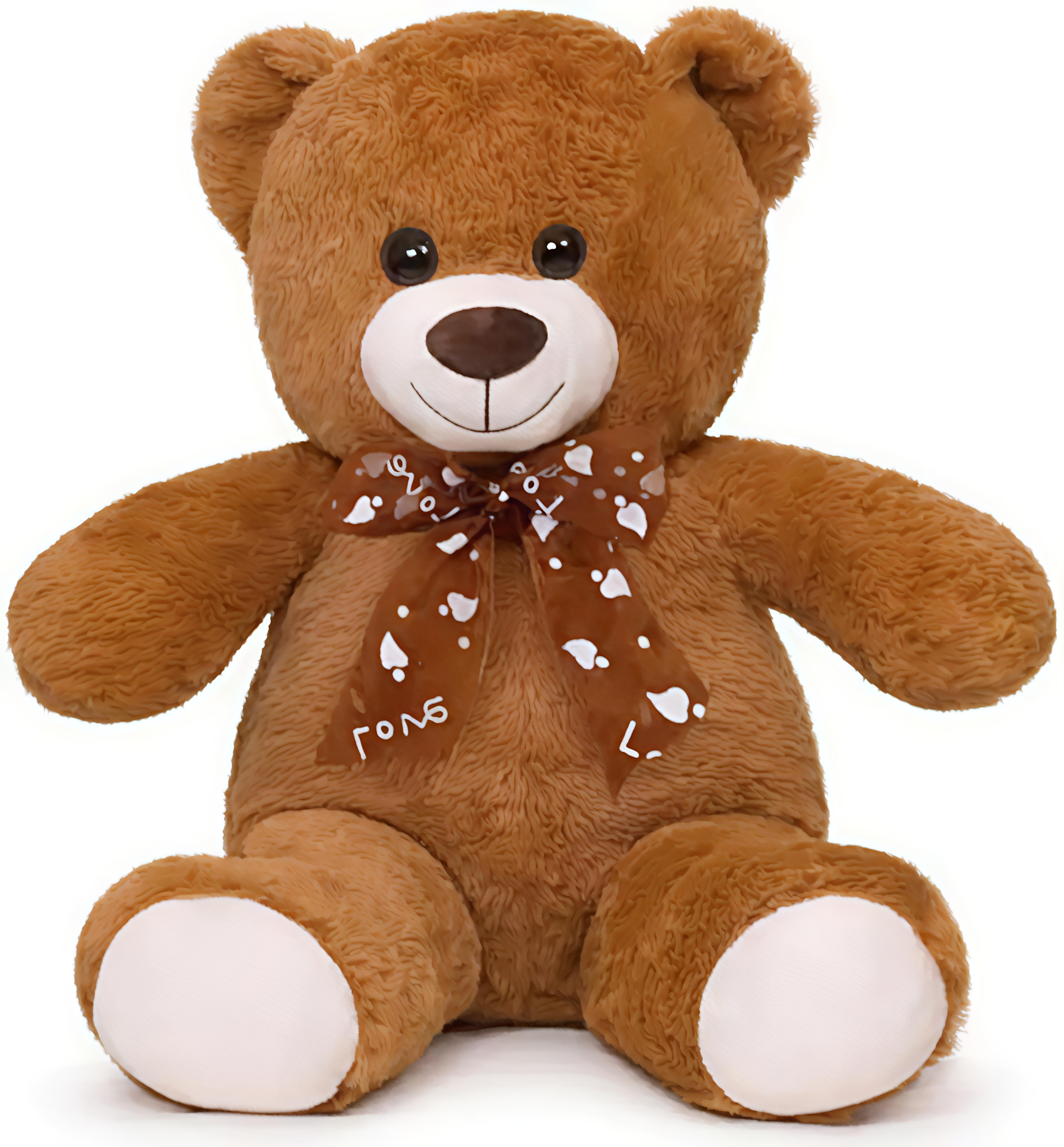 Brown teddy bear with a brown bow tie on a white background