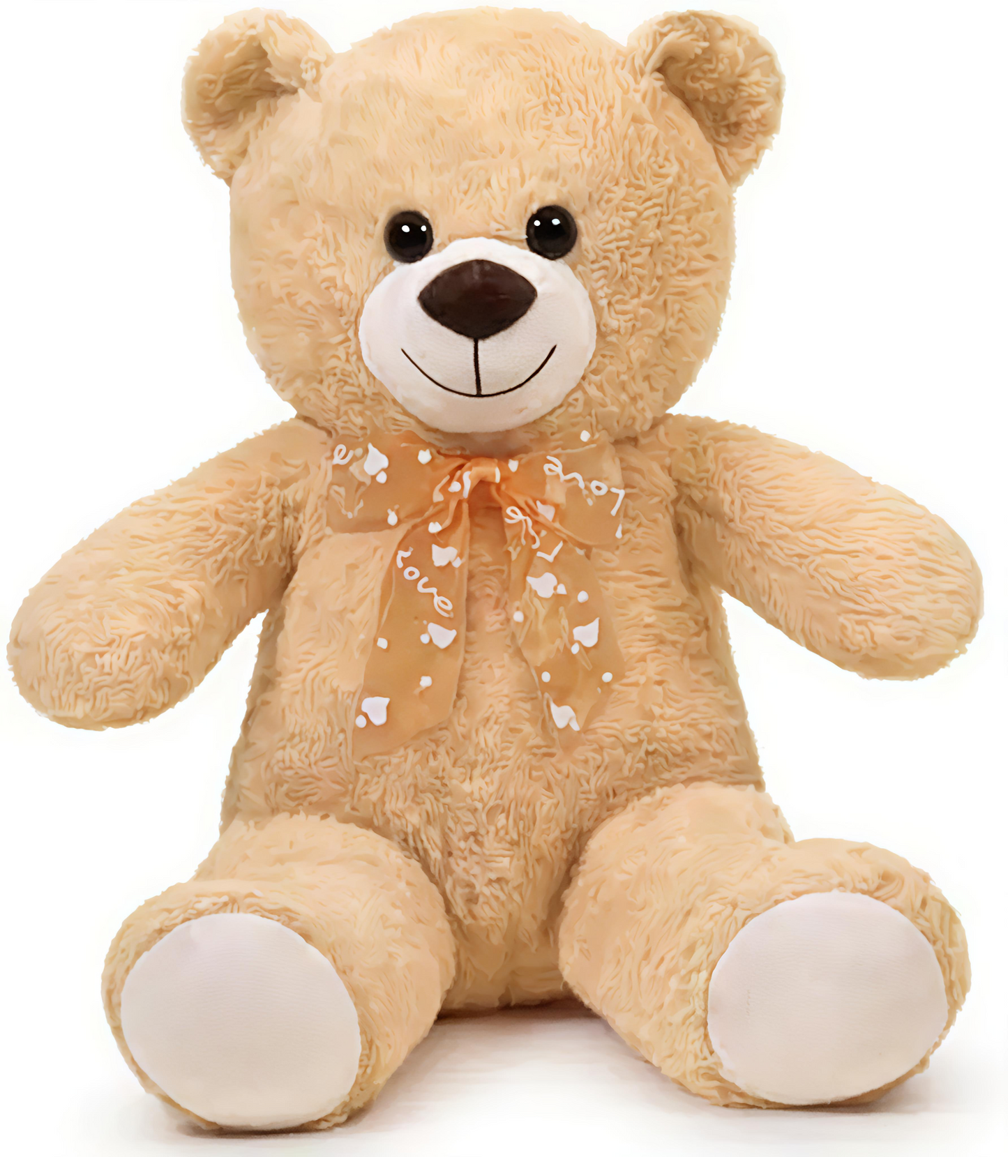 Beige teddy bear with a bow on a white background