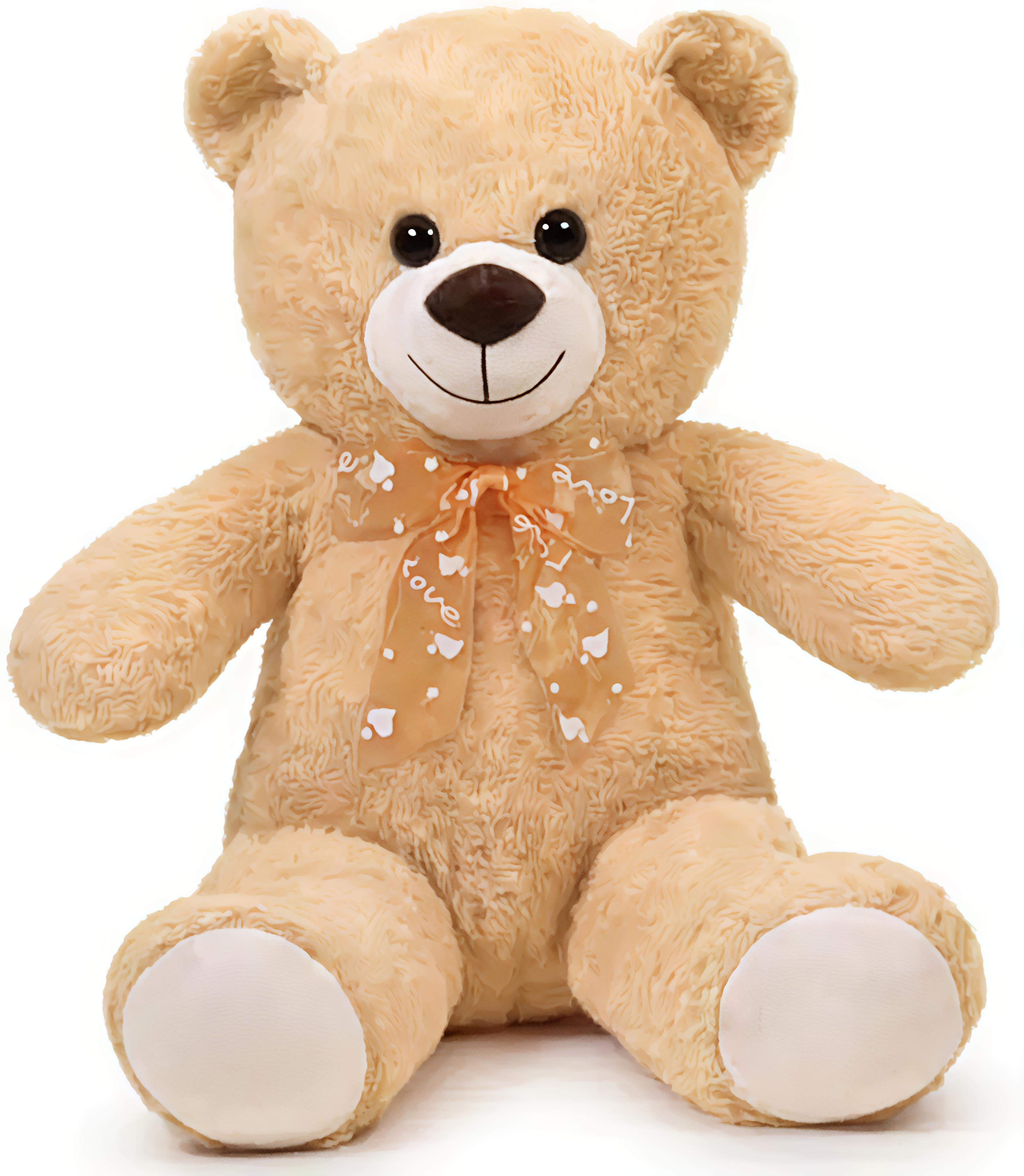 Beige teddy bear with a bow on a white background