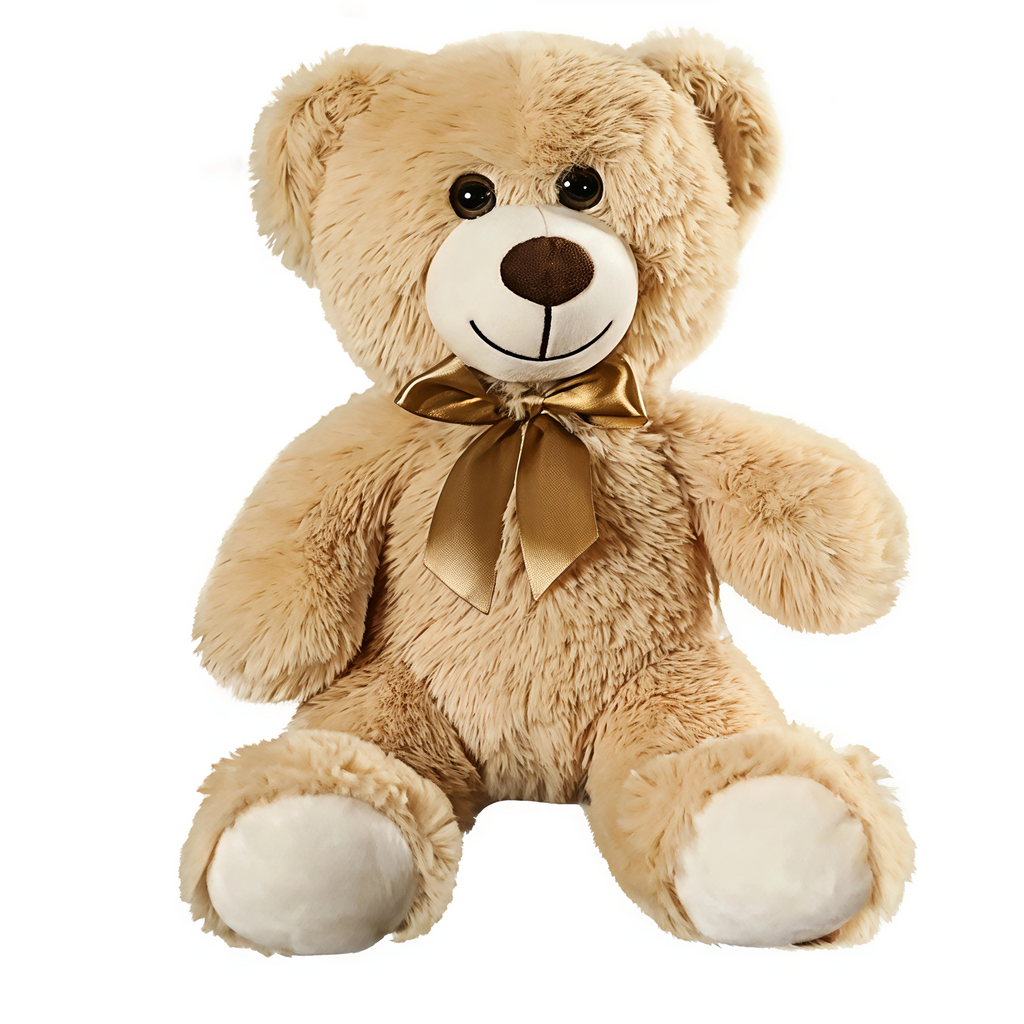 Giggly Groves 14-inch beige super soft teddy bear stuffed animal toy for kids with a shiny gold ribbon.