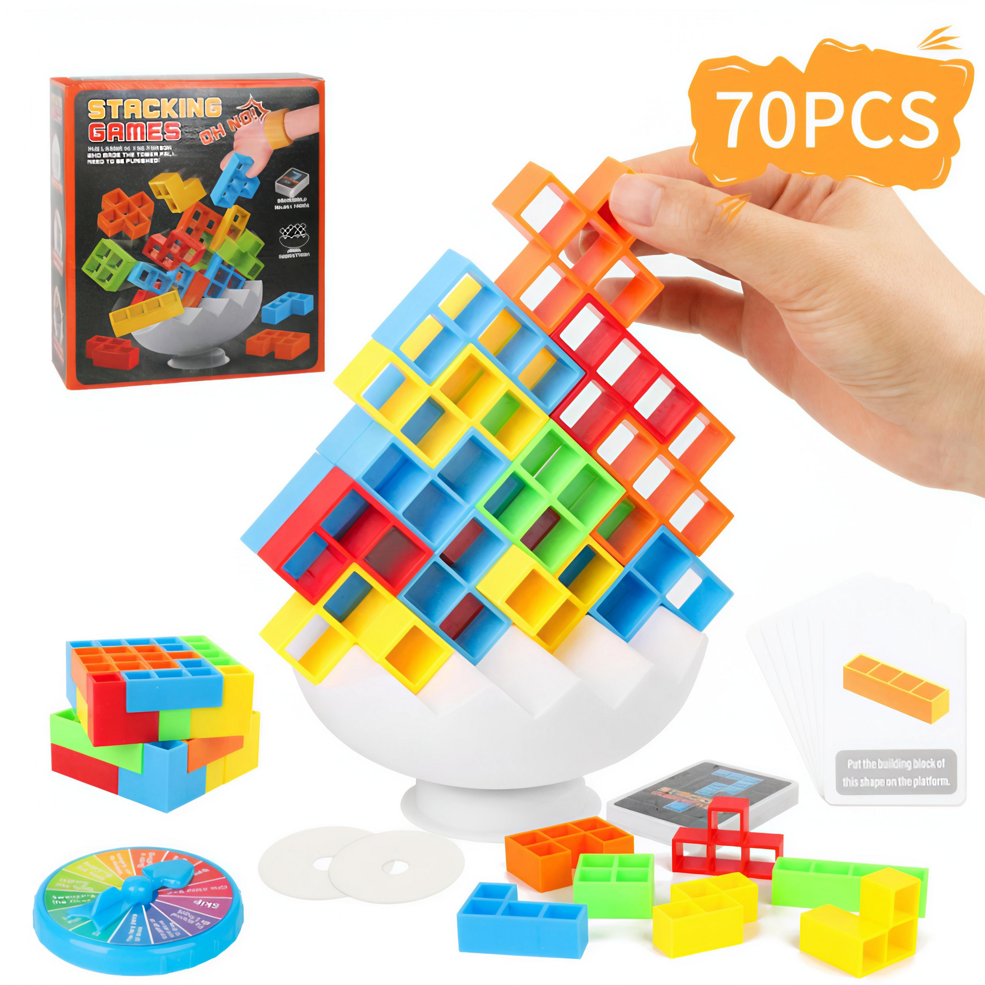 Colorful stacking blocks toy set with a hand holding a block, next to the packaging and additional blocks on a white background.
