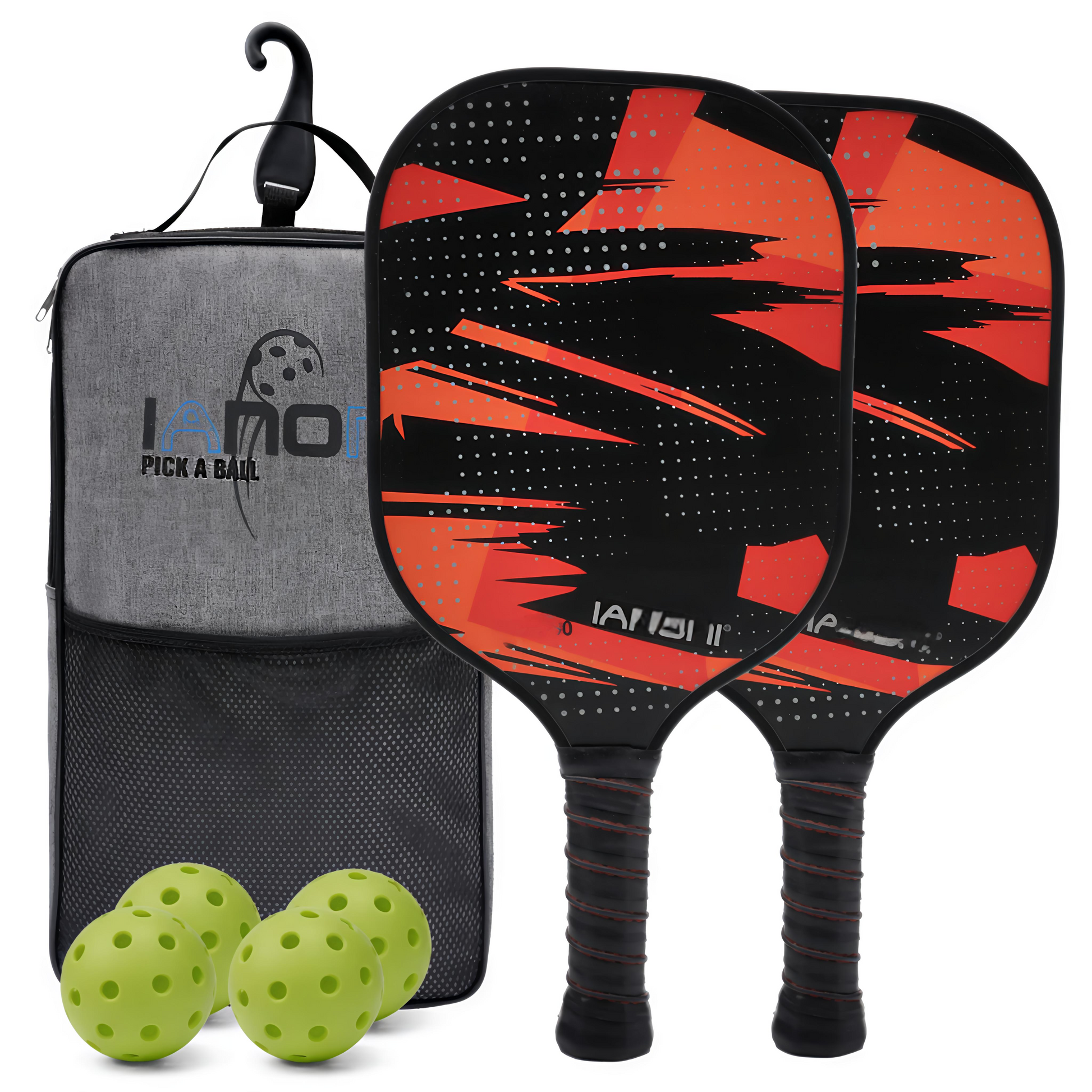 Two pickleball paddles with a carrying case and balls on a white background