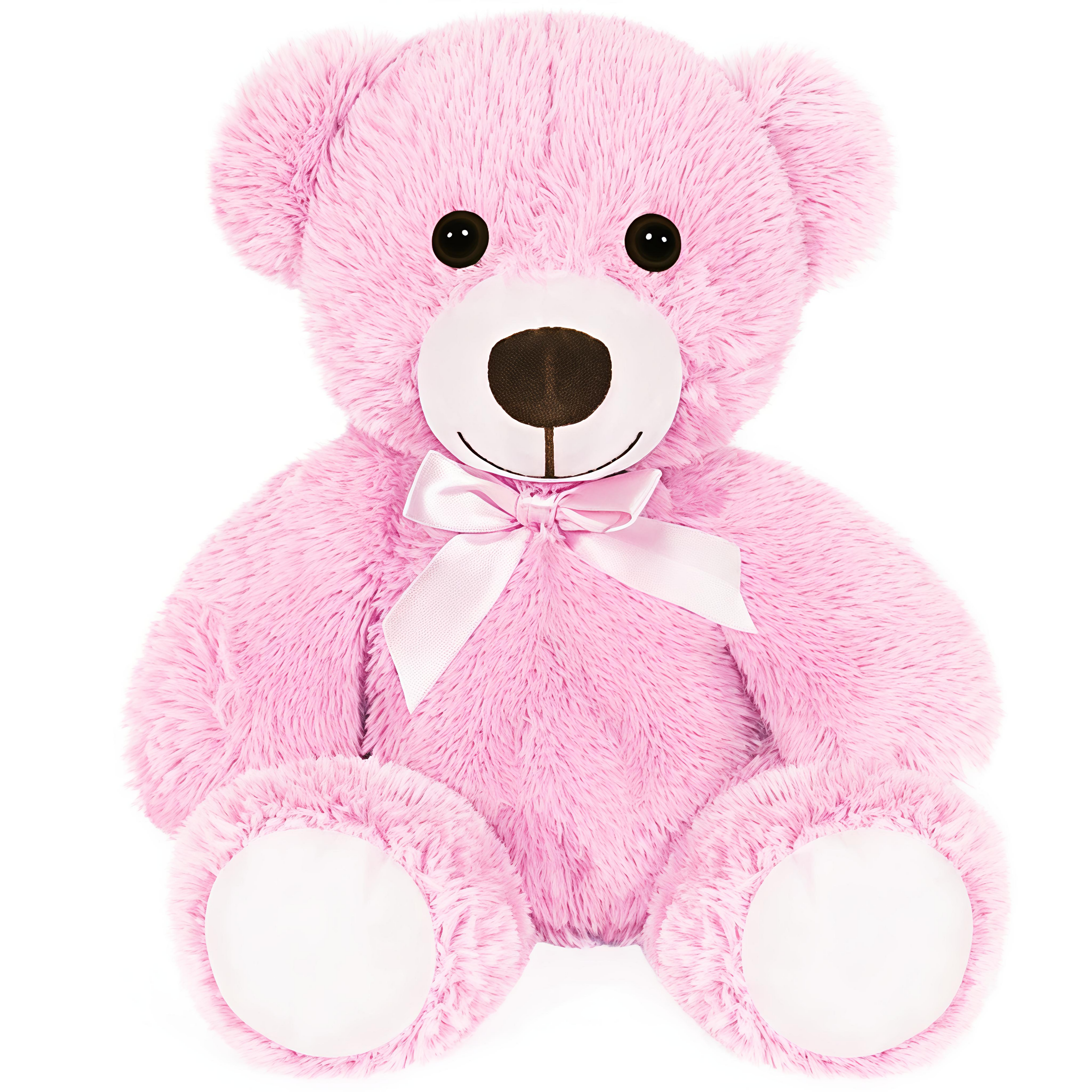 Giggly Groves 14-inch beige super soft teddy bear stuffed animal toy for kids with a shiny pink ribbon.