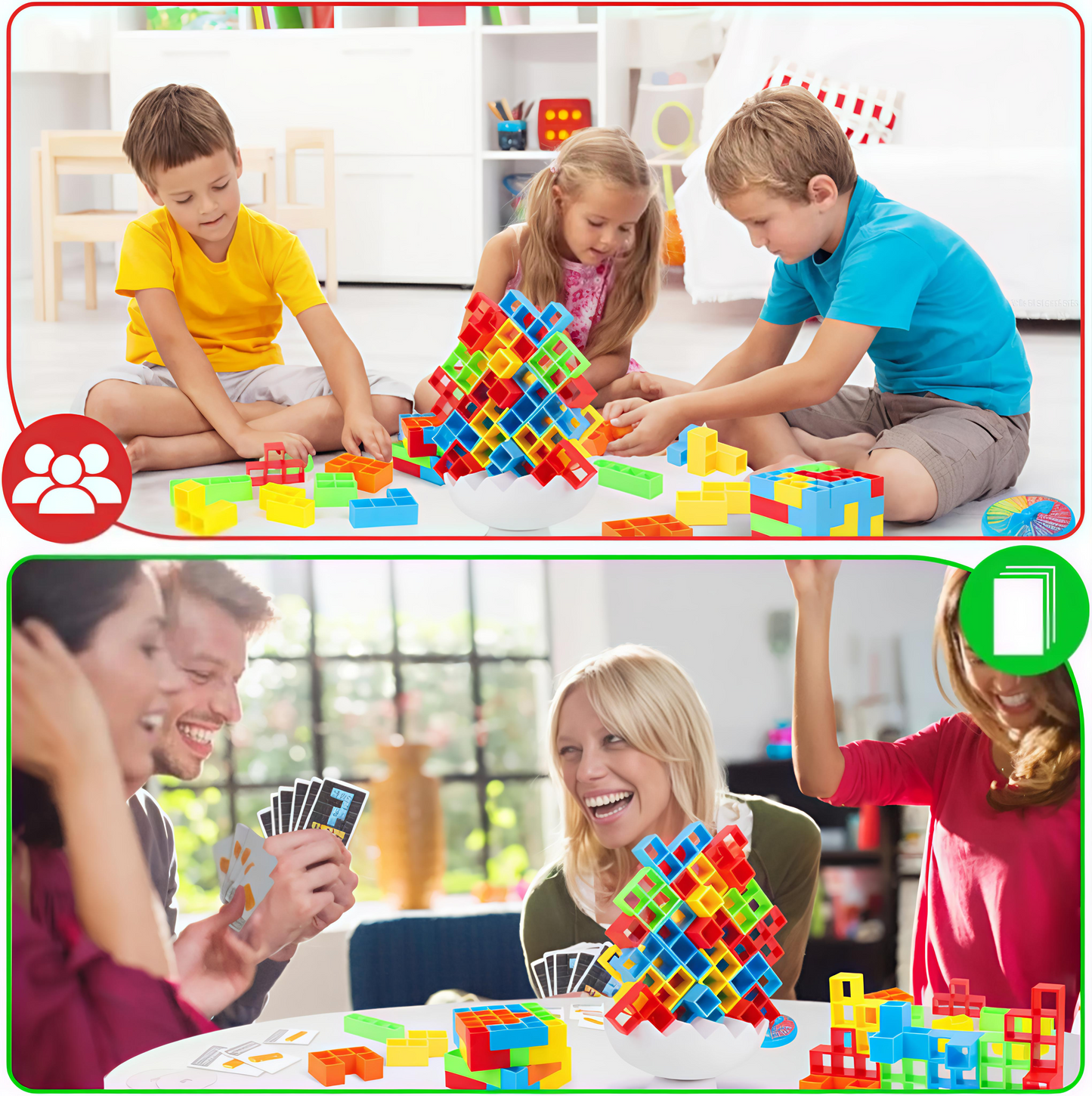Children playing with colorful building blocks in a classroom setting, followed by a family playing cards together.