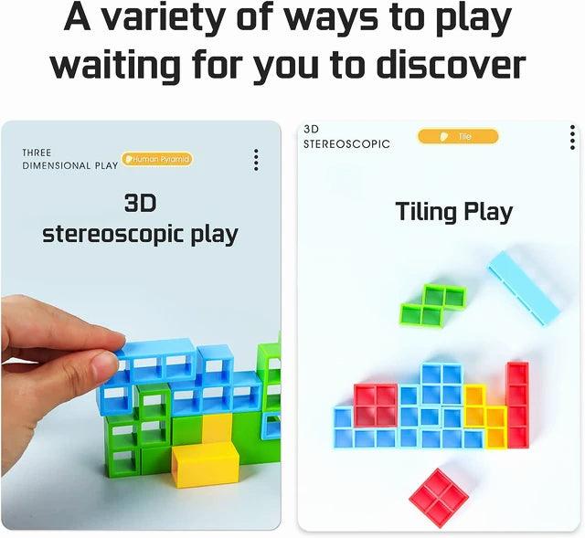 Image of a colorful 48-piece stacking toy for kids named 'Hot High Swing Russian Balancing Blocks'. The toy features vibrant hollow blocks in green, blue, red, and yellow, stacked on a white balancing base. A hand is shown placing a blue block onto the stack. Fun and educational, this table toy is available on Giggly Groves.