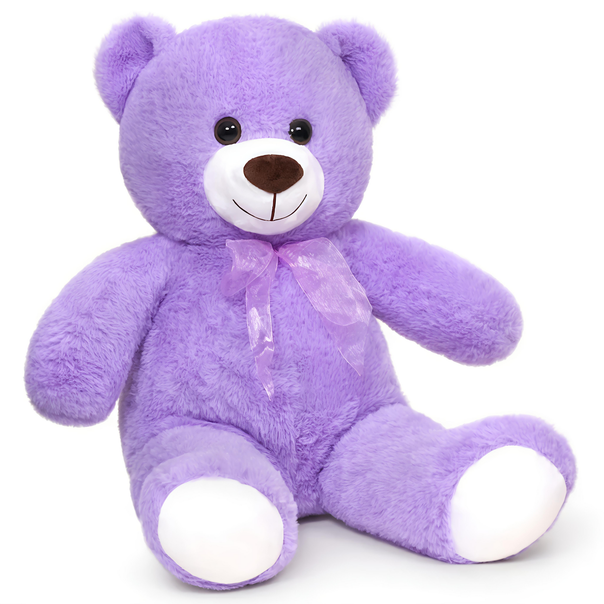 Purple teddy bear with a pink bow on a white background